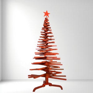 Red сolored large Christmas tree, Wooden modern X-mas tree, Holiday time Colorful hand-painted Christmas tree, Best Christmas family gifts