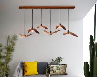 Scandinavian LED pendant lamp 2-6 wooden Wing on plank mount, Handmade hanging light, Decor kitchen chandelier, Designer trend lighting 2024