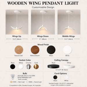 May include: A white wooden wing pendant light with customizable design options. The image shows three variations: "Wings Up" (13.3 inches/34cm), "Wings Down" (11 inches/28cm), and "Middle Wings" (13.3 inches/34cm). Wood finish options include natural oak, walnut brown, black, and white.