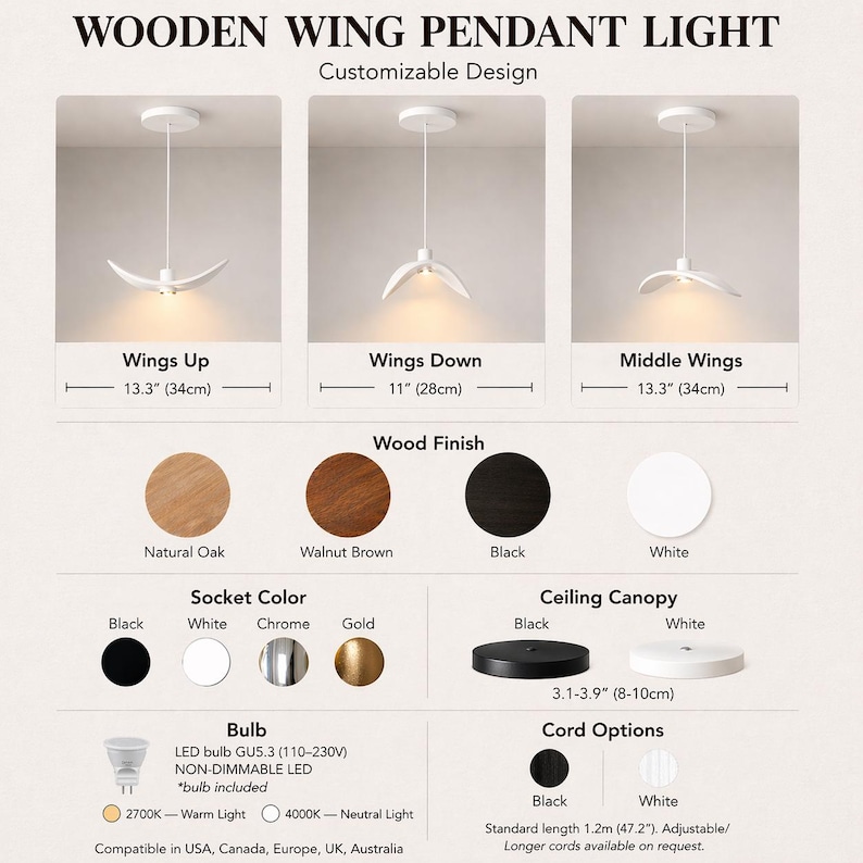 May include: A white wooden wing pendant light with customizable design options. The image shows three variations: "Wings Up" (13.3 inches/34cm), "Wings Down" (11 inches/28cm), and "Middle Wings" (13.3 inches/34cm). Wood finish options include natural oak, walnut brown, black, and white.