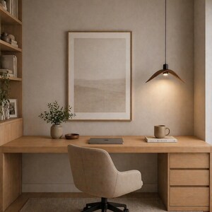 May include: A modern home office setup featuring a light wood desk with a beige swivel chair. A framed landscape art piece hangs above the desk. A pendant light hangs from the ceiling, illuminating the desk. A mug and a book are on the desk.