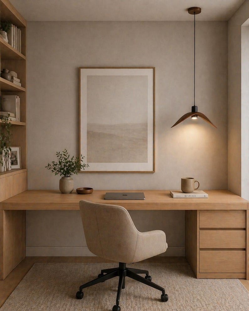 May include: A modern home office setup featuring a light wood desk with a beige swivel chair. A framed landscape art piece hangs above the desk. A pendant light hangs from the ceiling, illuminating the desk. A mug and a book are on the desk.