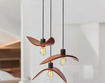 Downrod brown wooden lamp, single wood fixtures, wing light fixture, minimalist ceiling lamp, office decor, nature inspired lamp, home gift