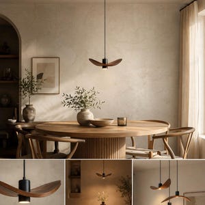 May include: A modern pendant light with a black base and a wooden, curved shade. The light hangs above a wooden dining table, creating a warm and inviting atmosphere. The room features neutral tones and natural elements.