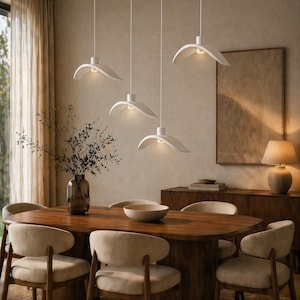 May include: A dining room scene featuring a large wooden table surrounded by six beige upholstered chairs. Above the table, five white, petal-shaped pendant lights hang from the ceiling, illuminating the space. A vase of greenery and a decorative bowl adorn the table.