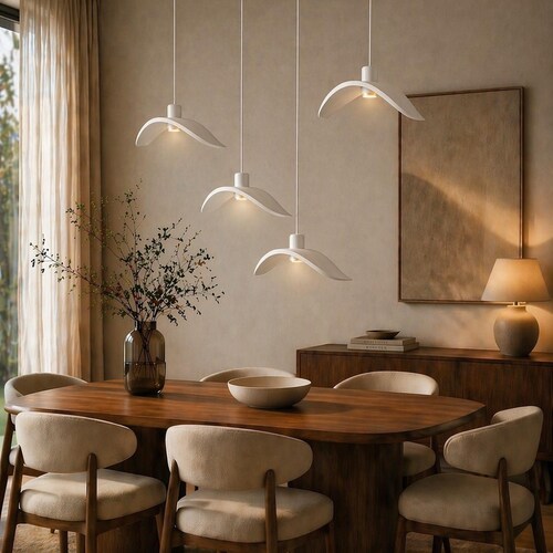 Suspension blanche en forme d'aile, lampe sculpturale minimaliste, éclairage tendance fait main, luminaire LED chaleureux pour un intérieur calme