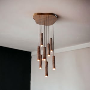 Wood led tube lighting, high cascading chandelier, alder wood ceiling light, modern long chandelier, natural wood lamp, rustic chandelier