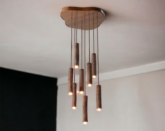 Oświetlenie z rurki LED z drewna, wysoki kaskadowy żyrandol, lampa sufitowa z drewna olchowego, nowoczesny długi żyrandol, lampa z naturalnego drewna, rustykalny żyrandol