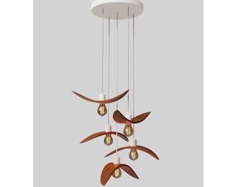 Scandinavian Birds Hanging Wooden Chandelier, Handmade Lighting Furniture, Wings Rustic Lamp, Lamp on Round Wood Canopy, Designed Lighting