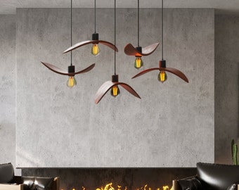 Wooden Decor Chandelier, Scandinavian Pendant Lamp Birds on plank mount, Pendant Luminaire Suspension for Dining Table, Kitchen Chandelier