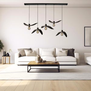 Designer plank chandelier, unique ceiling light, black wing pendants, authentic kitchen chandelier, hanging wooden lamp, loft house decor