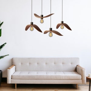 Scandinavian pendant lamp 2-6 wooden Wings on plank mount, Handmade hanging light, Decor kitchen chandelier, Designer trend lighting 2024 image 2