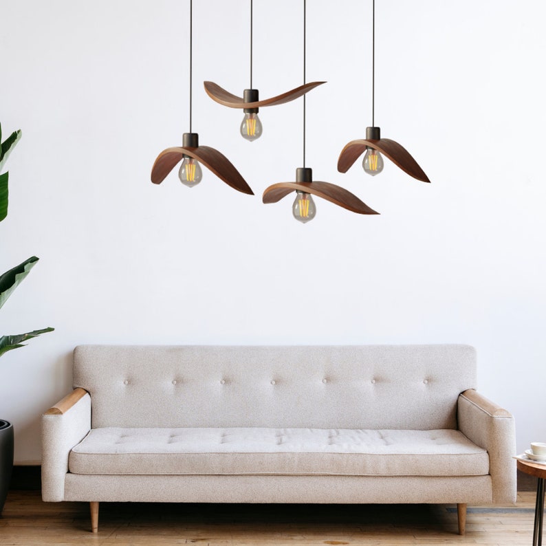 Scandinavian pendant lamp 2-6 wooden Wings on plank mount, Handmade hanging light, Decor kitchen chandelier, Designer trend lighting 2024 image 2