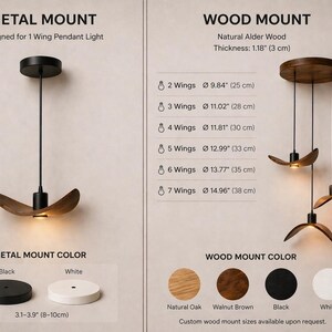 May include: A modern pendant light with a wooden wing design. The image shows a black metal mount and a wood mount option. The wood mount is available in natural oak, walnut brown, black, and white. The metal mount is available in black and white. Measurements are provided in inches and centimeters.