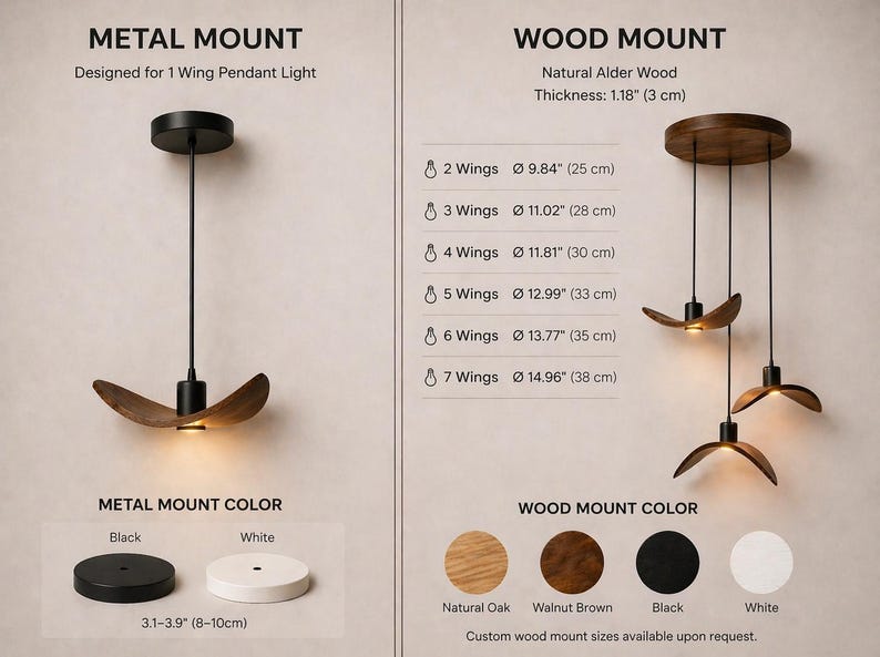 May include: A modern pendant light with a wooden wing design. The image shows a black metal mount and a wood mount option. The wood mount is available in natural oak, walnut brown, black, and white. The metal mount is available in black and white. Measurements are provided in inches and centimeters.