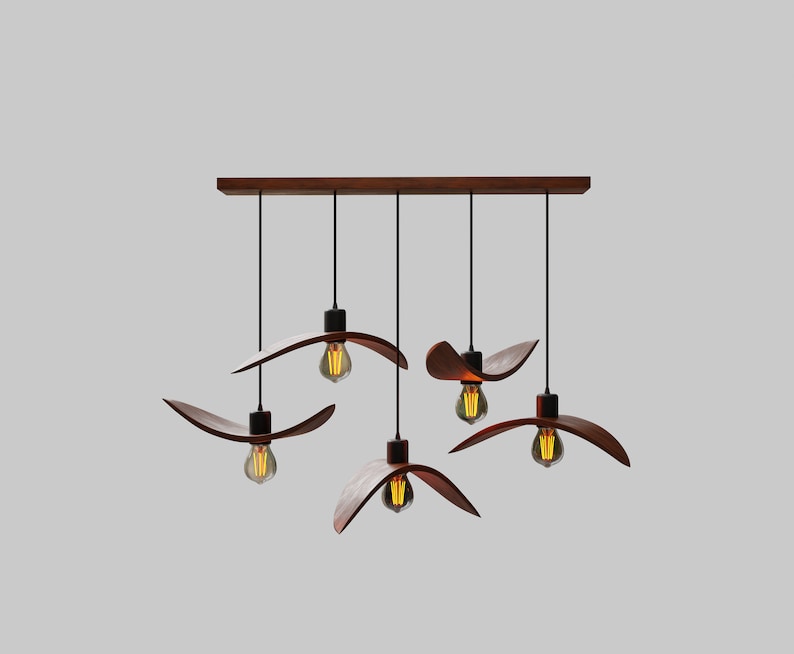 Scandinavian pendant lamp 2-6 wooden Wings on plank mount, Handmade hanging light, Decor kitchen chandelier, Designer trend lighting 2024 image 4