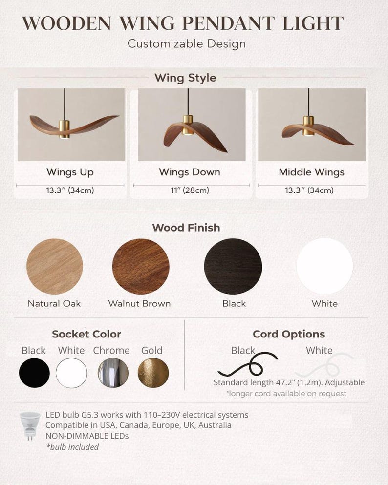 May include: Wooden wing pendant light with customizable design options. Features three wing styles, natural oak, walnut brown, black, and white wood finishes. Includes black, white, chrome, and gold socket colors. Cord options are black and white.