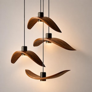 May include: Four contemporary pendant lights with a distinctive design. Each light has a dark wood shade in a curved, leaf-like form, suspended from a black cord. The lights are illuminated, emitting a warm glow. The fixtures are suitable for a modern interior.