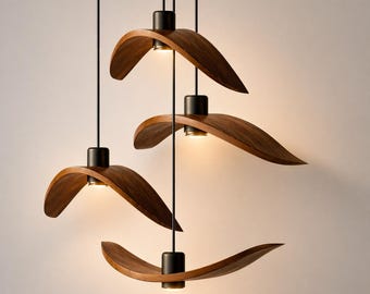 Wooden Wing Pendant Light, Sculptural Scandinavian Chandelier, Handmade Statement Lighting, Warm Minimalist LED Fixture Light
