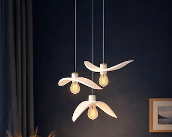 Handmade Wooden Pendant Light Bird Design, Modern White Hanging Lamp, Nursery Ceiling Light, Eco Friendly Chandelier, Boho Home Decor