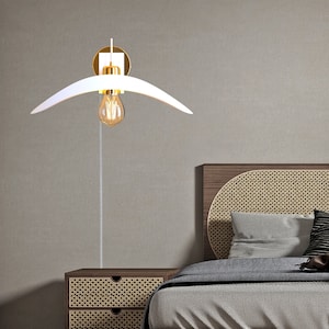 Set Plug in Wall of Wooden Sconces with Gold, Set of Wall Light White Sconces, Handmade Wood Plug in Wall Sconce or with Switch Fixture