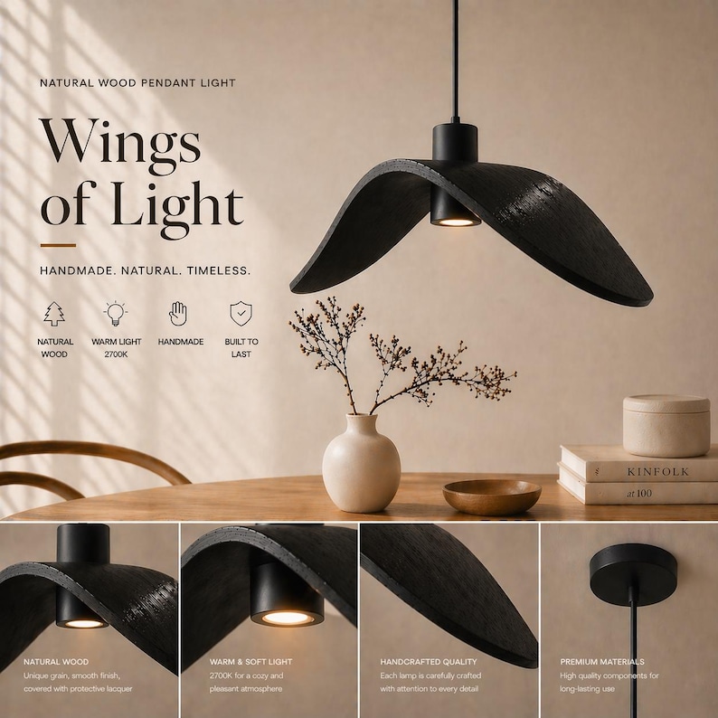 May include: A black, wooden pendant light with a wing-like design, hanging from the ceiling. The text "Wings of Light" is displayed above the light. The light fixture is handmade and made of natural wood.