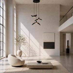 May include: Modern living room with neutral tones. Features a black, three-light pendant lamp with a unique design, a beige boucle armchair, and a square coffee table. A large abstract painting hangs on the wall, and a vase with branches adds a natural touch.