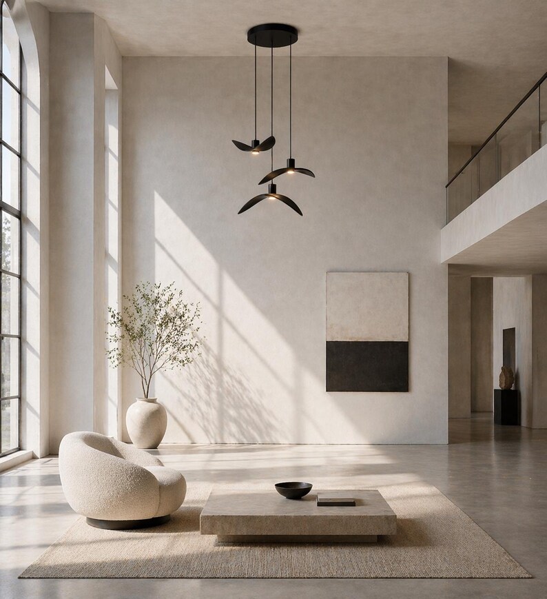May include: Modern living room with neutral tones. Features a black, three-light pendant lamp with a unique design, a beige boucle armchair, and a square coffee table. A large abstract painting hangs on the wall, and a vase with branches adds a natural touch.