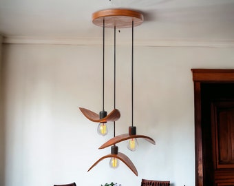 Scandinavische hanglamp 3-7 houten Vogels op ronde houder, Handgemaakte hanglamp, Decor woonkamer kroonluchter, Designer trendverlichting 2024