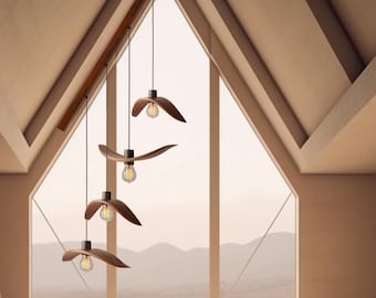 Wide wooden chandelier, designer trend 2026, pendant bird wings light, brown fixtures, unique ceiling light, Scandinavian wood chandelier