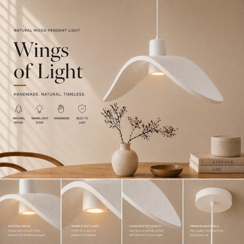 May include: A white, modern pendant light with a curved, wing-like design. The light fixture hangs from a white cord and illuminates a warm, inviting glow. The text "Wings of Light" is displayed above the light.