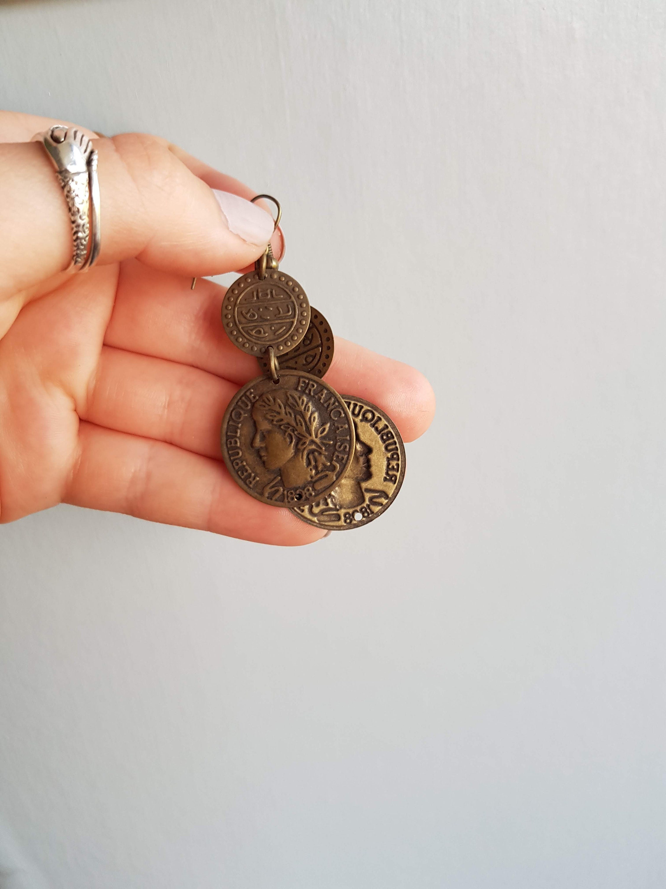 Bronze Greek Coin Dangle Earrings Luck Dangle Earrings Etsy