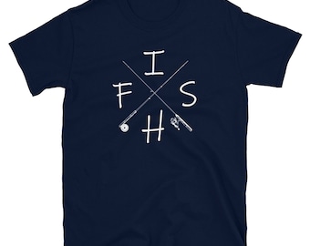 May include: Navy blue t-shirt with a white graphic of two crossed fishing rods and the word "FISH" spelled out with the rods.