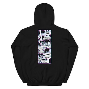 May include: Black hoodie with a hood and a large vertical graphic on the back. The graphic features a series of white and black car illustrations with a glitch effect, outlined in pink and blue. The hoodie is made of a soft material.
