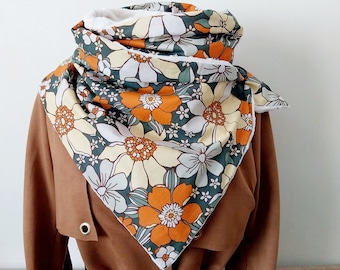 Echarpe, col, étole, cache cou, snood, grosses fleurs orange vintage chèche femme