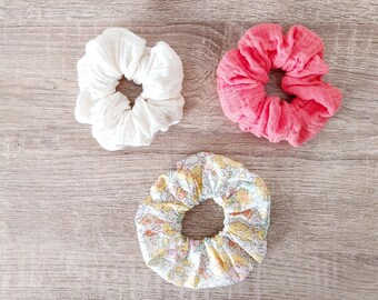 lot of yellow floral scrunchies, ecru and coral double gauze