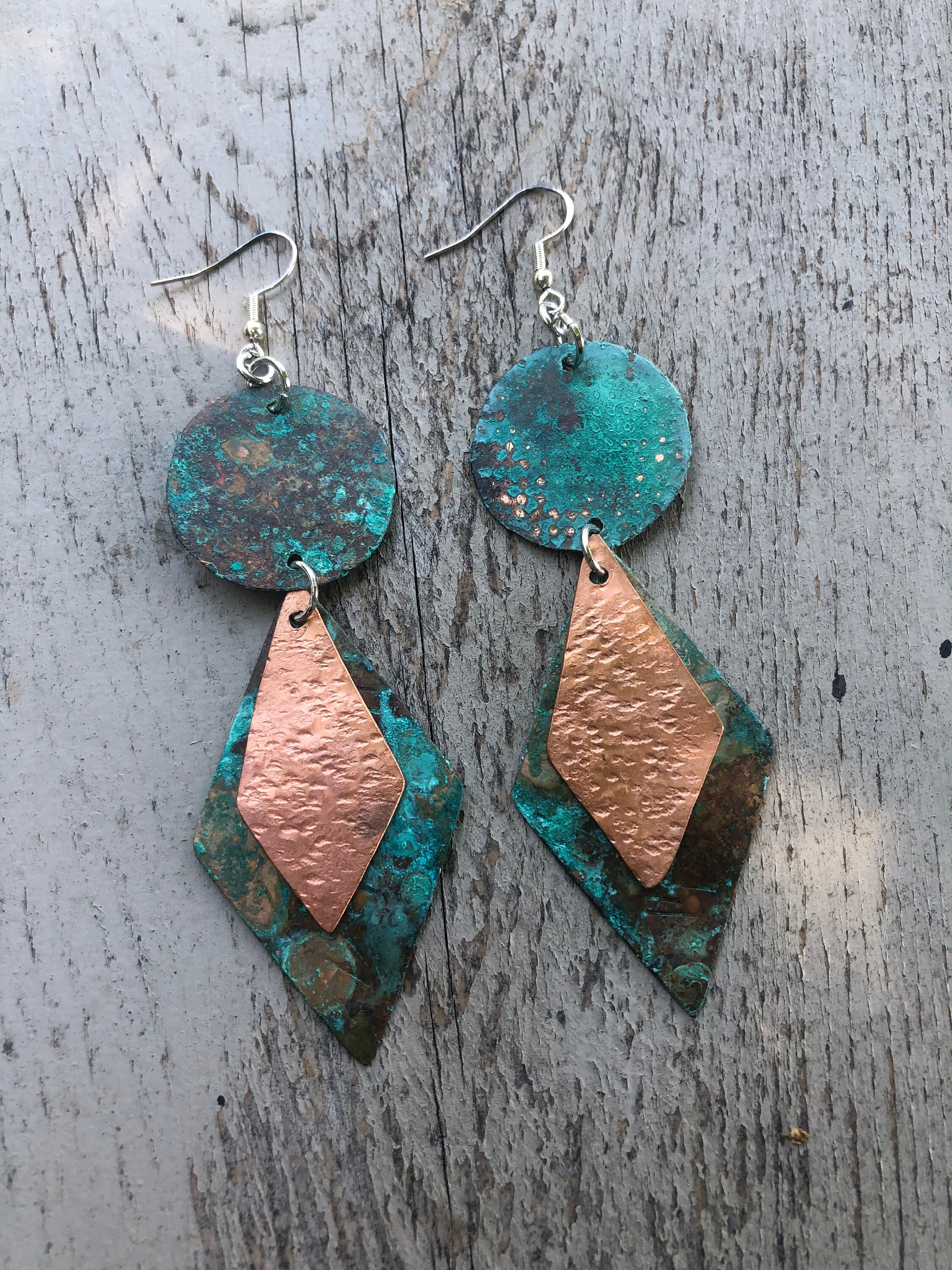 Patina Copper Geometric Earrings E066 Lightweight Handmade Etsy