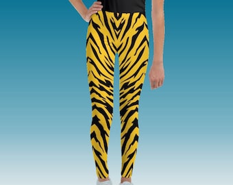 Black and Gold Tiger Stripes Youth Leggings, Sporty Pattern Pants for Youth