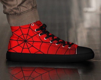 Crimson Spider Web Men’s High Top Canvas Shoes, Red Spiderweb Print Sneakers