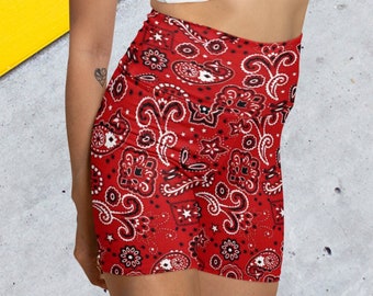 Red Bandana Yoga Shorts, Red White and Black Paisley Workout Shorts