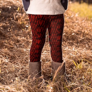 Ruby Dragon Scale Kids&#39; Leggings, Red Dragon&#39;s Scales Pattern Pants for Children