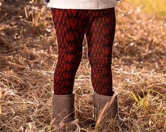Ruby Dragon Scale Kids' Leggings, Red Dragon's Scales Pattern Pants for Children