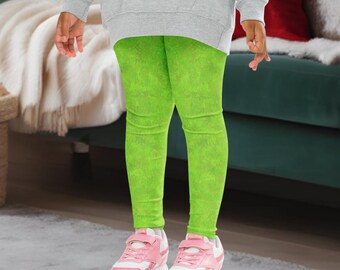 Green Fur Print Kids' Leggings, Christmas or Halloween High-Quality Costume Leggings for Children