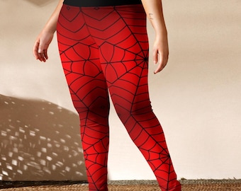 Crimson Spider Web Yoga Leggings, Super Hero Print Leggings for Women