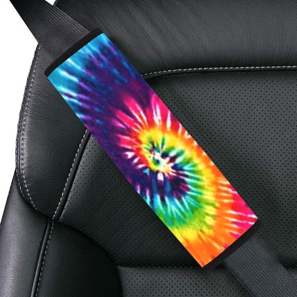 Rainbow Tie Dye Car Seat Belt Cover, Hippie Colorful Car Decor