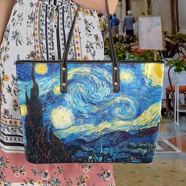Starry Night PU Leather Tote Bag, Vincent van Gogh, Stars Big Purse, Famous Painting Large Purse