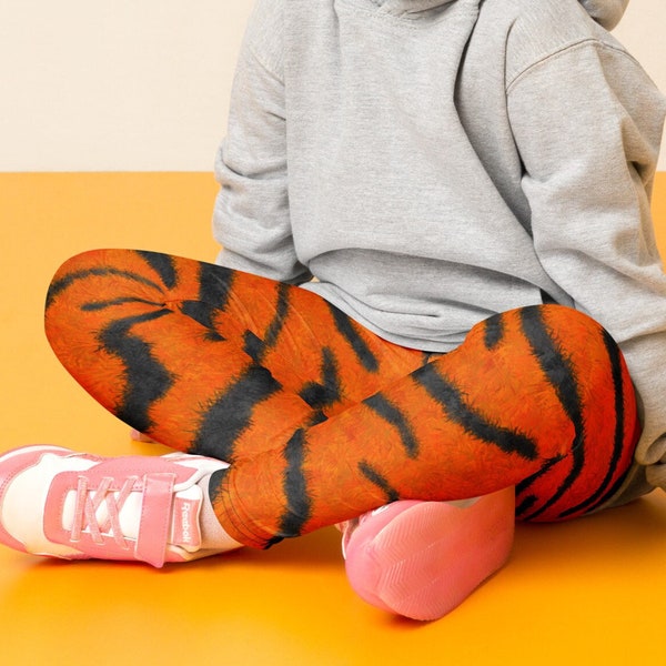 Fuzzy Tiger Stripe Print Kids' Leggings, Big Cat Pattern Leggings for Children