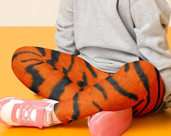 Fuzzy Tiger Stripe Print Kids' Leggings, Big Cat Pattern Leggings for Children