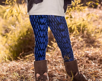 Sapphire Dragon Scale Kids' Leggings, Blue Dragon's Scales Pattern Pants for Children