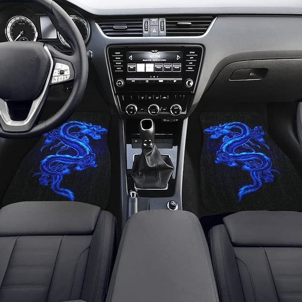 Blue Fire Dragon Floor Mats for Front and/or Back Floorboards, Cool Fantasy Vehicle Floor Carpets